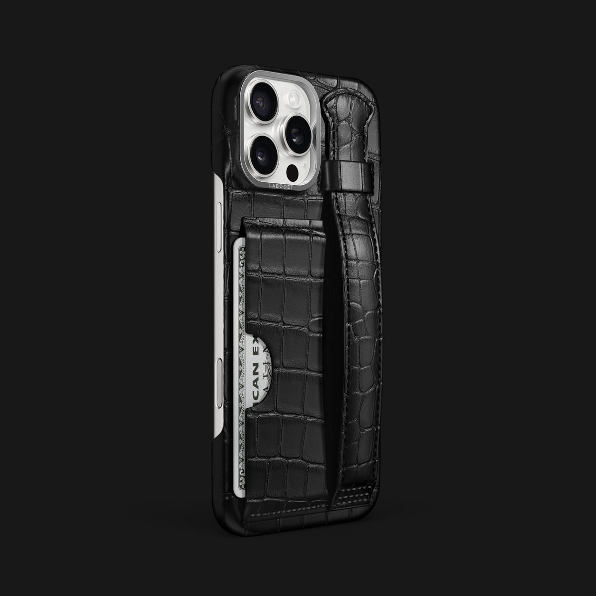 Edition-Black iPhone 16 Pro Max Cardholder Strap Case Alligator with Steel Metal -2 | Edition-Black-Steel