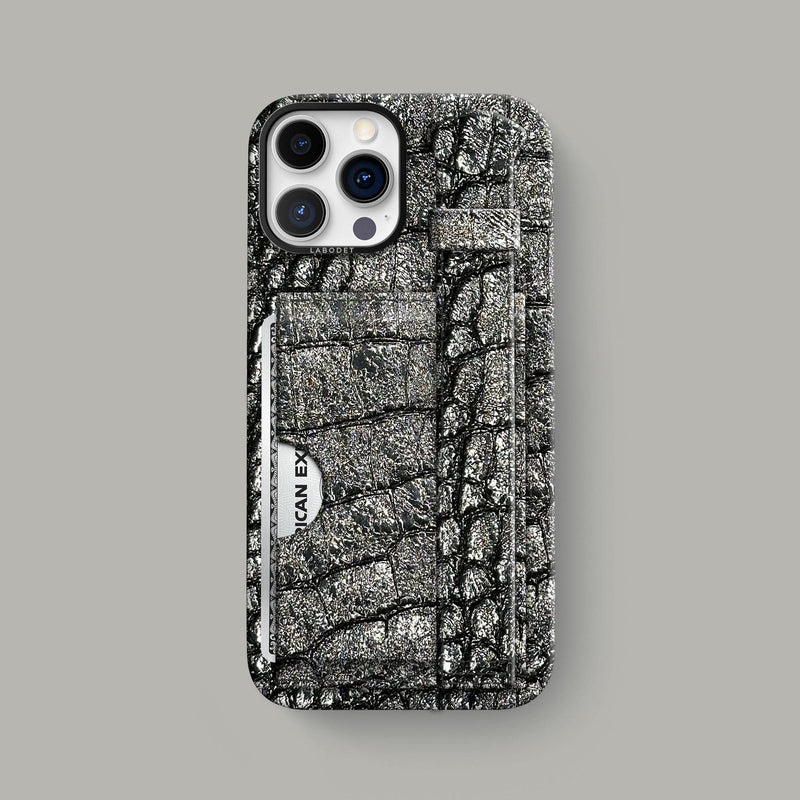 Old Silver iPhone 15 Pro Max Cardholder Strap Case 1/1 Alligator with Black Metal -1 | Old-Silver-Black