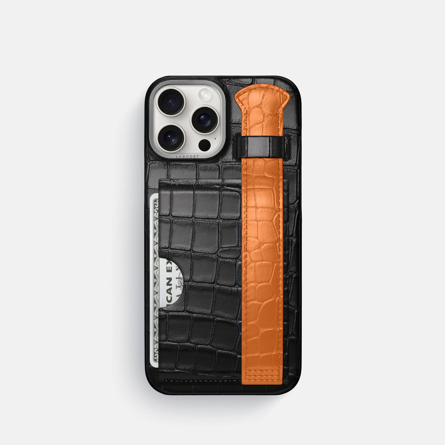 Black-Orange iPhone 16 Pro Cardholder Strap Case Coloré Alligator with Steel Metal -1 | Black-Orange-Steel