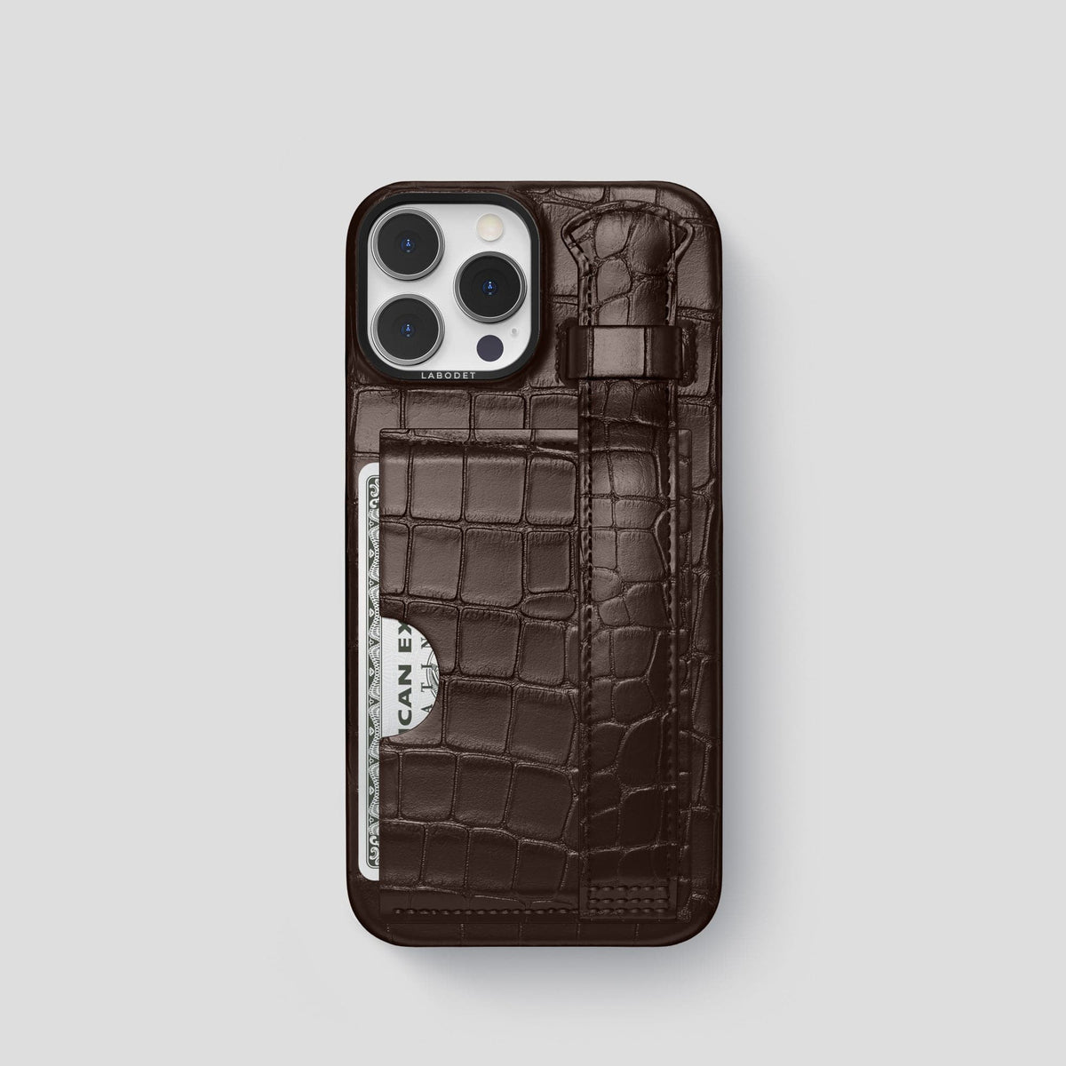 Dark Brown iPhone 14 Pro Cardholder Strap Case Alligator with Black Metal -1 | Dark-Brown-Black