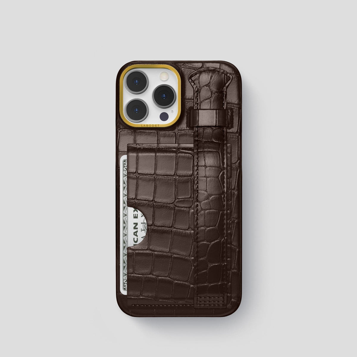 Dark Brown iPhone 14 Pro Cardholder Strap Case Alligator with Gold Metal -1 | Dark-Brown-Gold