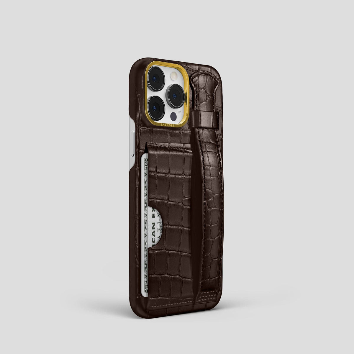 Dark Brown iPhone 14 Pro Cardholder Strap Case Alligator with Gold Metal -2 | Dark-Brown-Gold