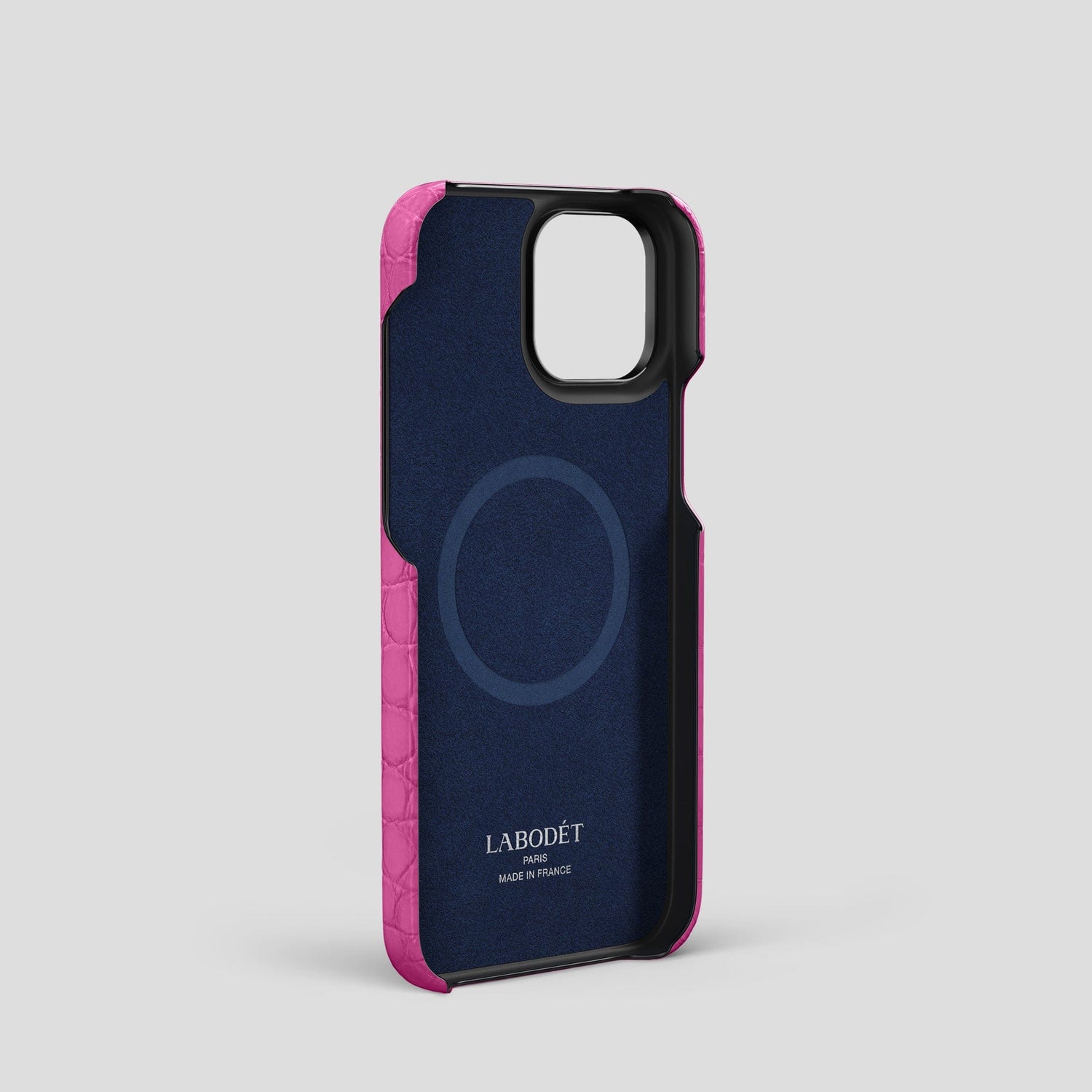 Fuchsia iPhone 14 Pro Cardholder Strap Case Alligator with Black Metal -4 | Fuchsia-Black