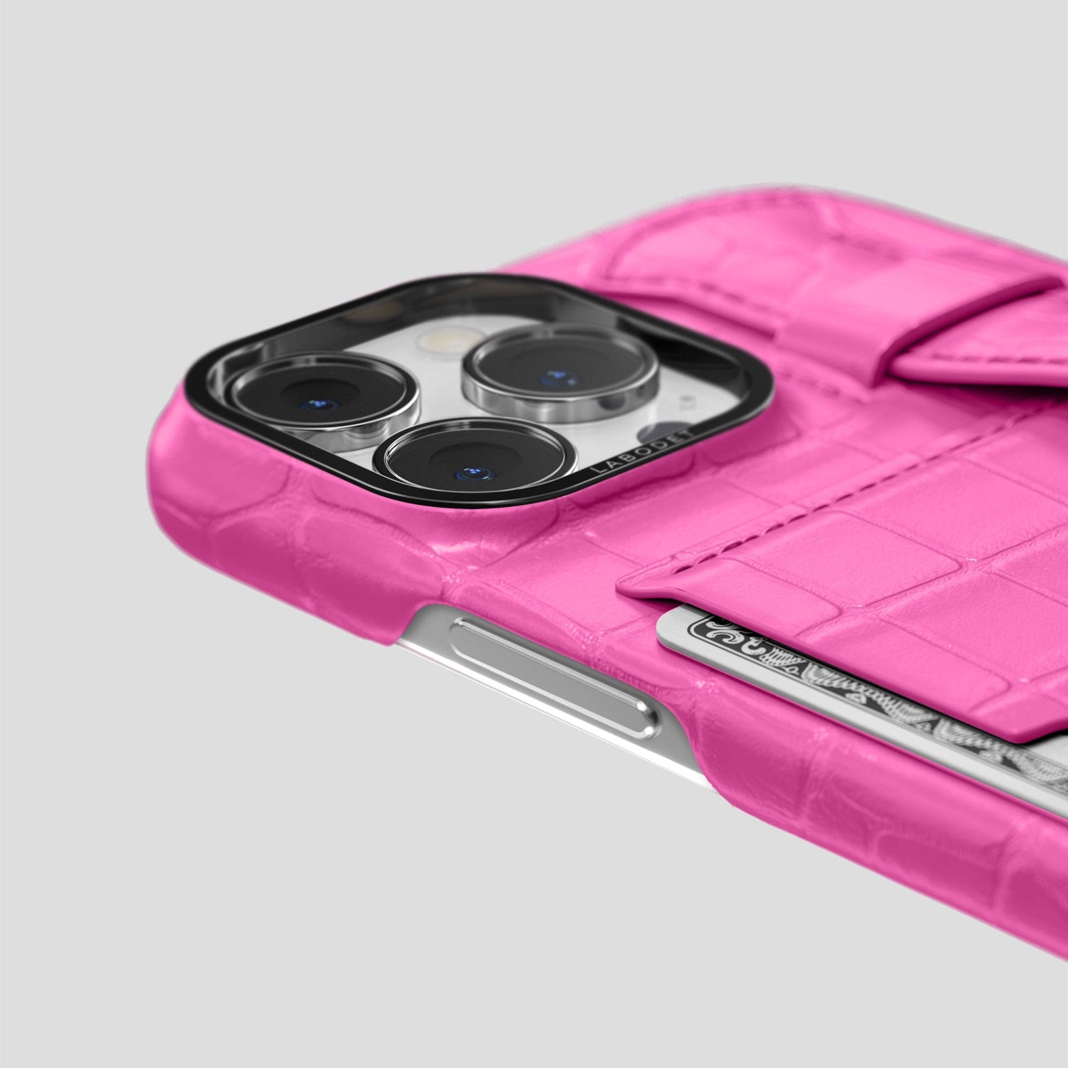 Fuchsia iPhone 14 Pro Cardholder Strap Case Alligator with Black Metal -5 | Fuchsia-Black