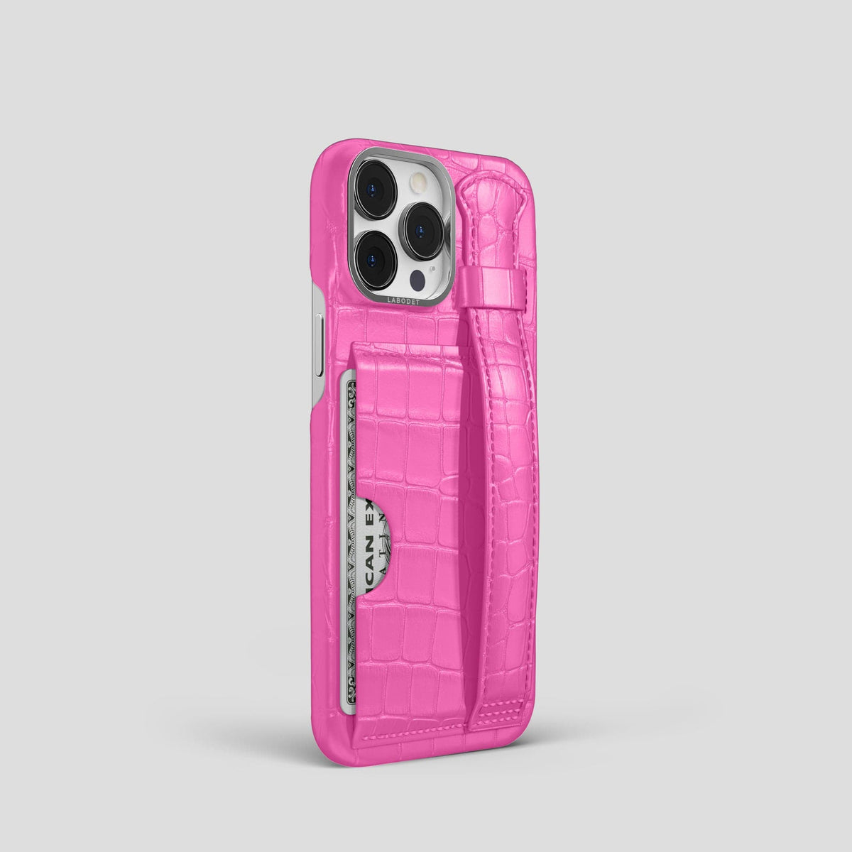Fuchsia iPhone 14 Pro Cardholder Strap Case Alligator with Steel Metal -2 | Fuchsia-Steel
