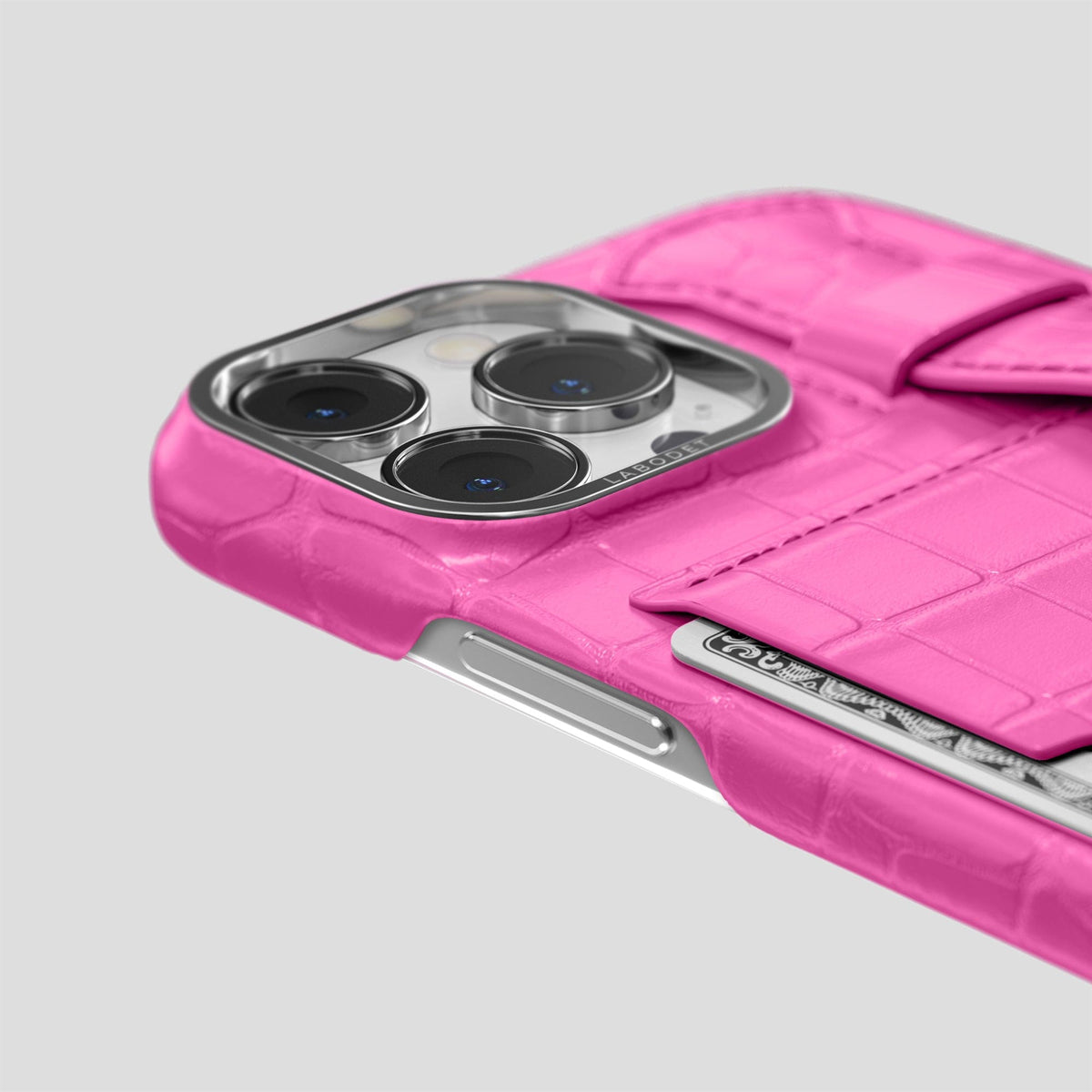 Fuchsia iPhone 14 Pro Cardholder Strap Case Alligator with Steel Metal -5 | Fuchsia-Steel
