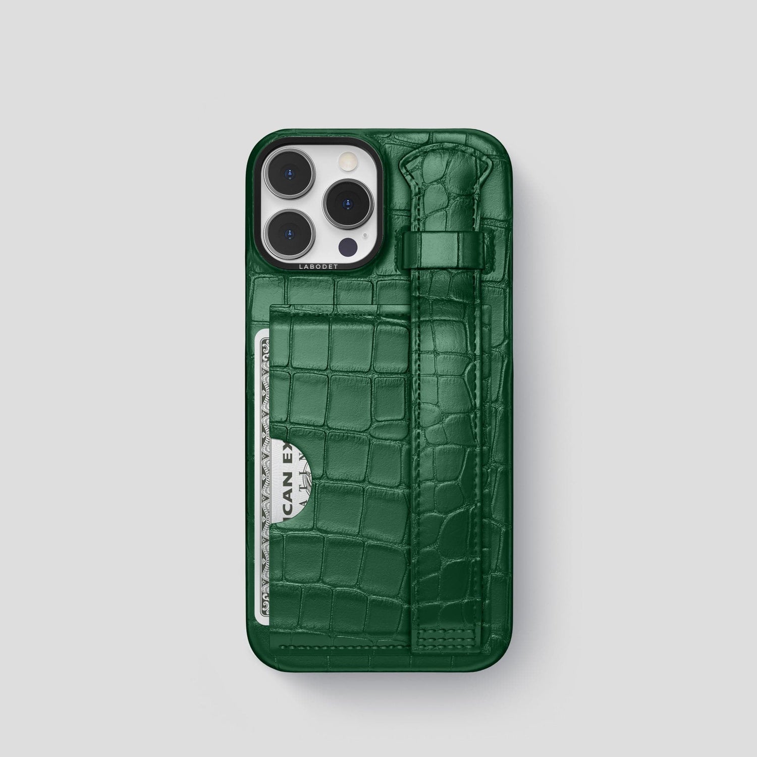 Forest-Green iPhone 14 Pro Cardholder Strap Case Alligator with Black Metal -1 | Forest-Green-Black