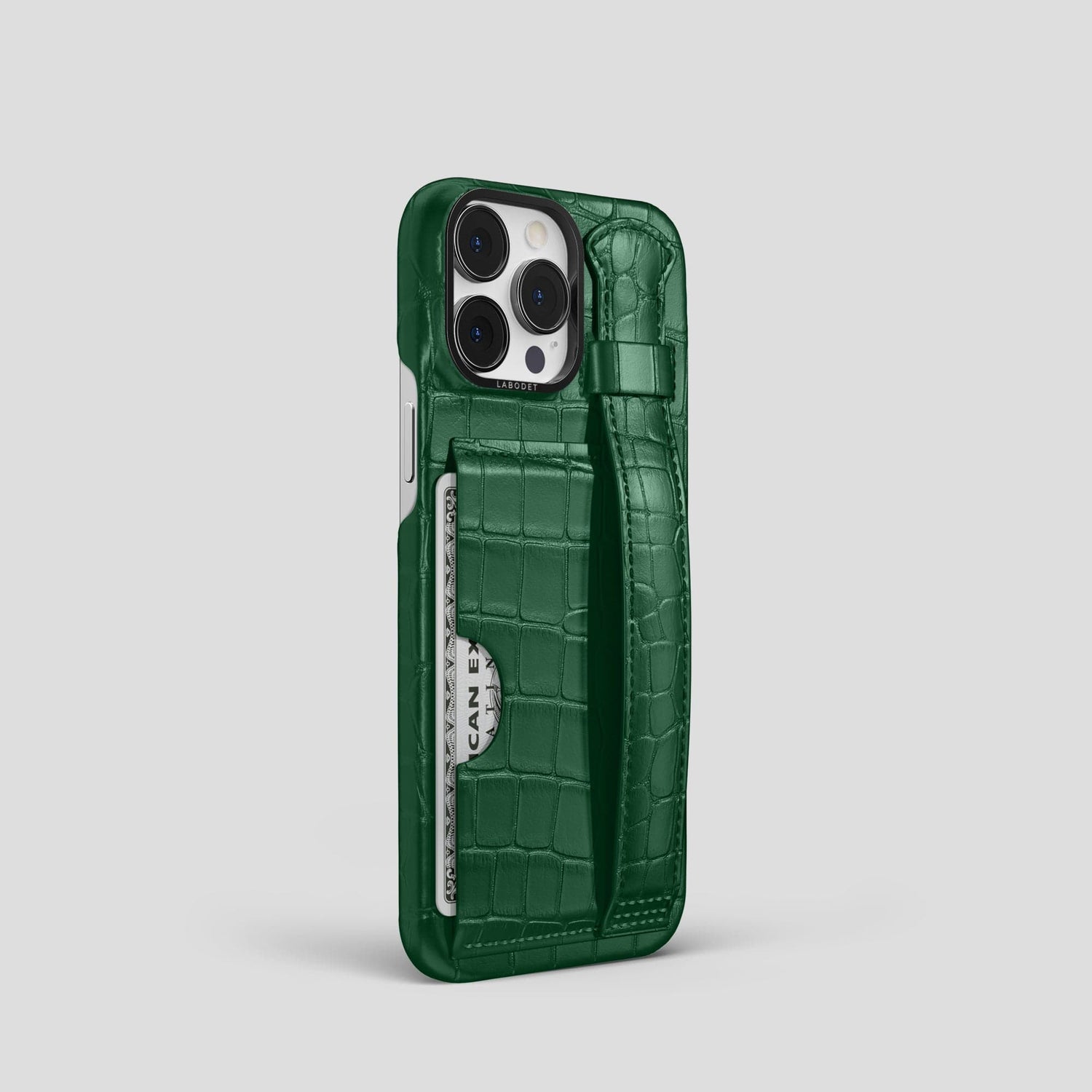 Forest-Green iPhone 14 Pro Cardholder Strap Case Alligator with Black Metal -2 | Forest-Green-Black