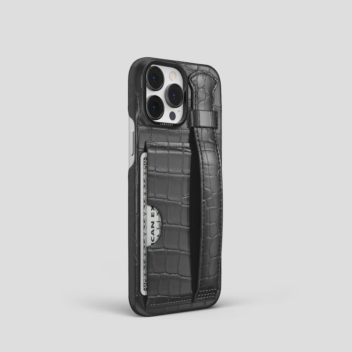 Grey iPhone 14 Pro Cardholder Strap Case Alligator with Black Metal -2 | Grey-Black