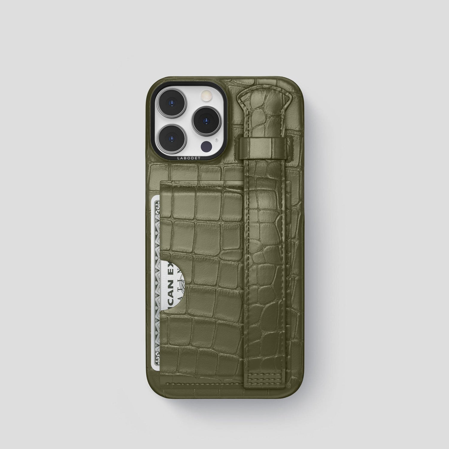 Kaki-Green iPhone 14 Pro Cardholder Strap Case Alligator with Black Metal -1 | Kaki-Green-Black