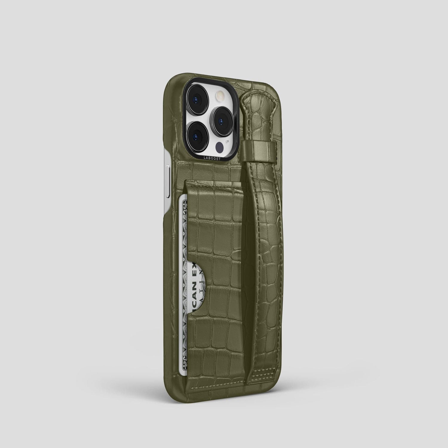 Kaki-Green iPhone 14 Pro Cardholder Strap Case Alligator with Black Metal -2 | Kaki-Green-Black