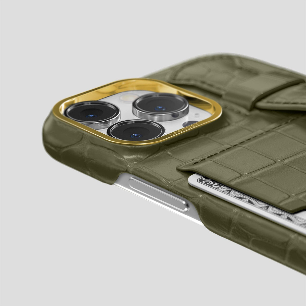 Kaki-Green iPhone 14 Pro Cardholder Strap Case Alligator with Gold Metal -5 | Kaki-Green-Gold