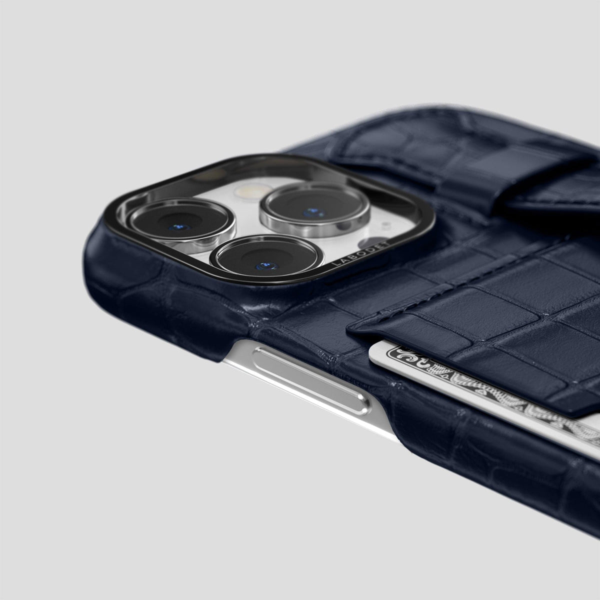 Navy Blue iPhone 14 Pro Cardholder Strap Case Alligator with Black Metal -5 | Navy-Blue-Black