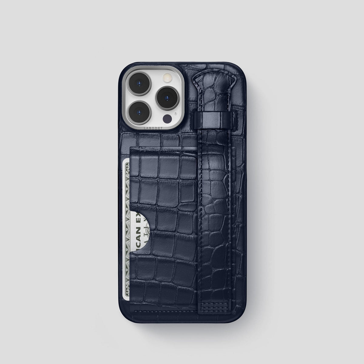Navy Blue iPhone 14 Pro Cardholder Strap Case Alligator with Steel Metal -1 | Navy-Blue-Steel