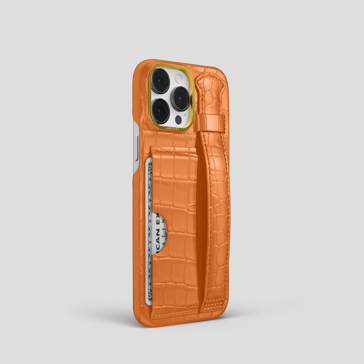 Orange iPhone 14 Pro Cardholder Strap Case Alligator with Gold Metal -2 | Orange-Gold