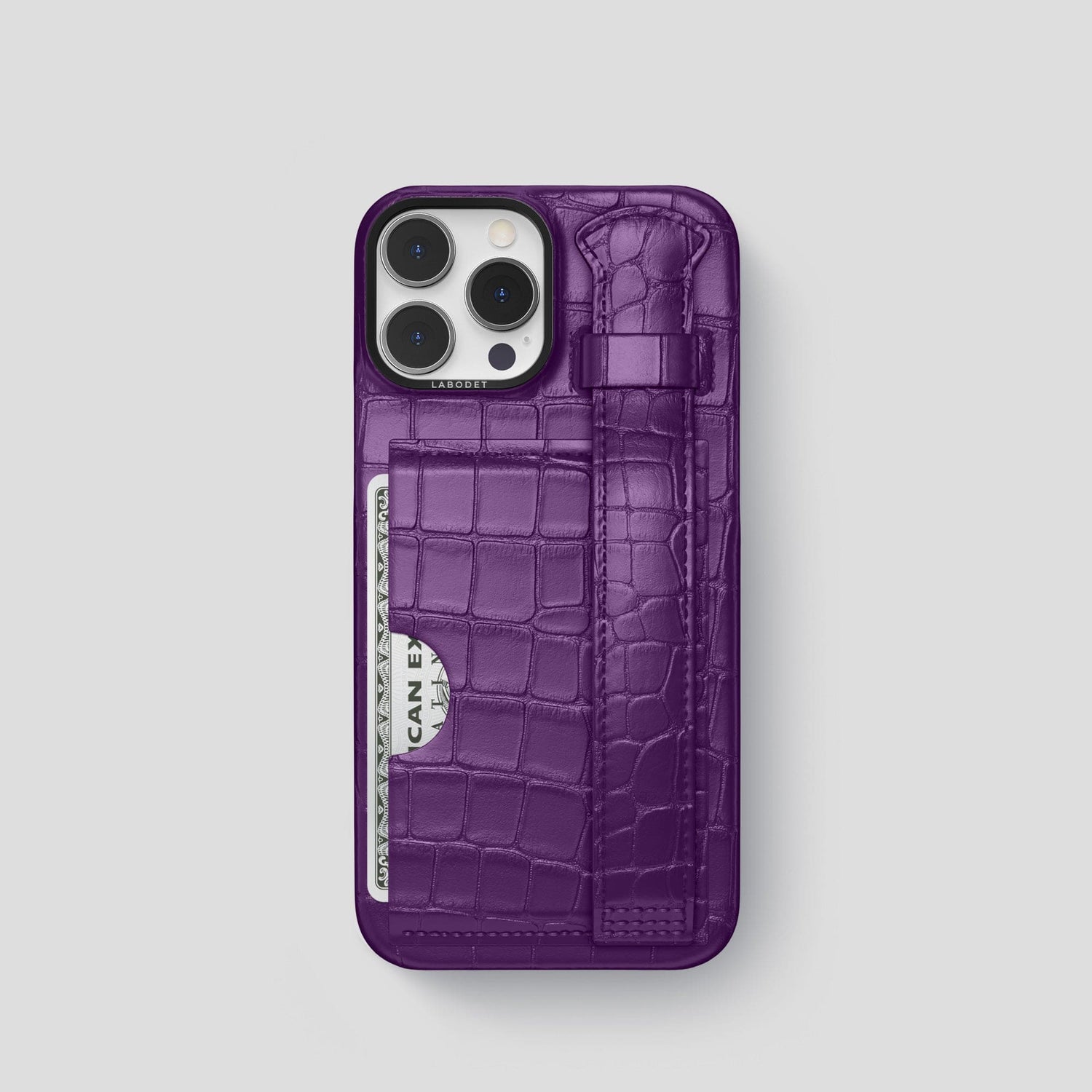 Purple iPhone 14 Pro Cardholder Strap Case Alligator with Black Metal -1 | Purple-Black