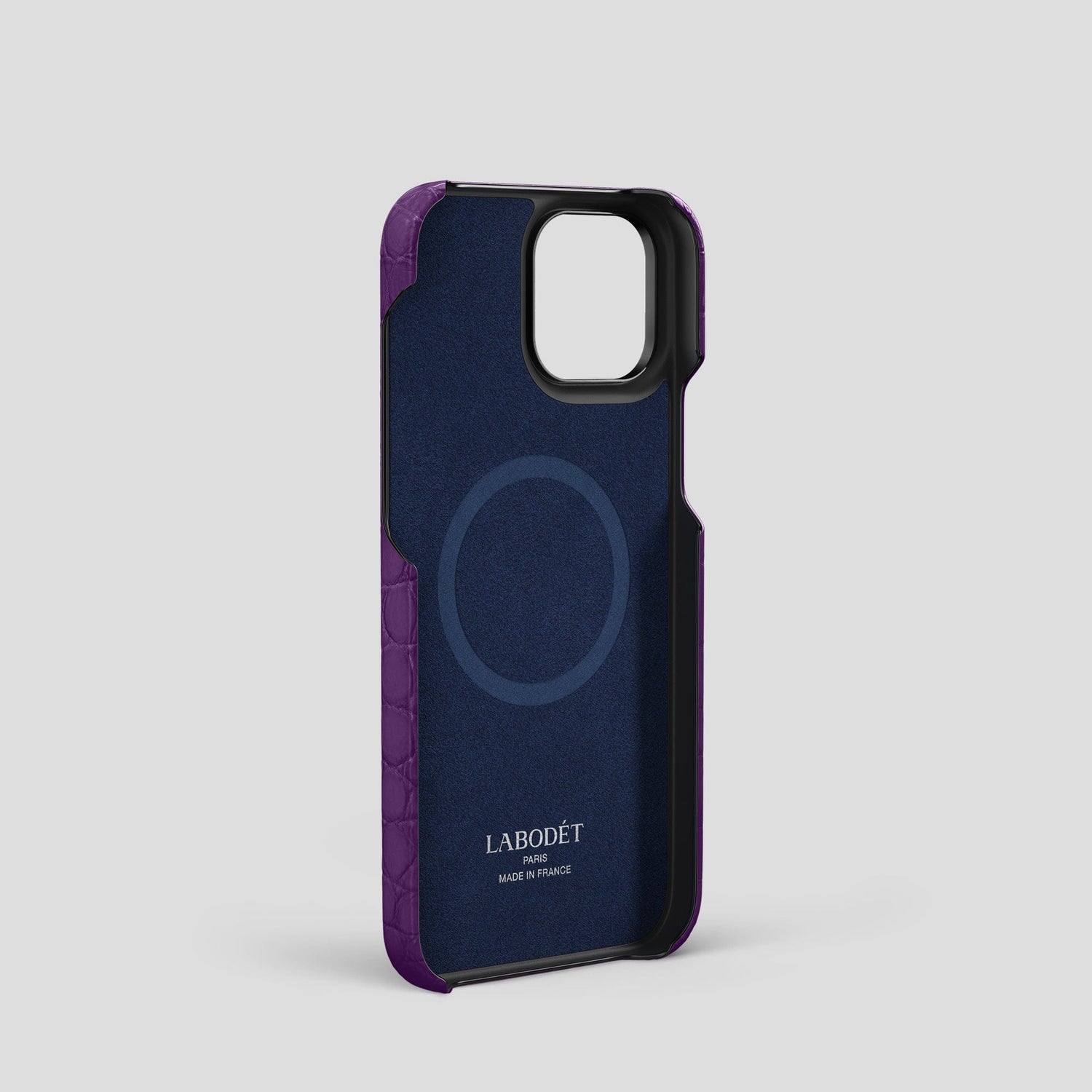 Purple iPhone 14 Pro Cardholder Strap Case Alligator with Black Metal -4 | Purple-Black