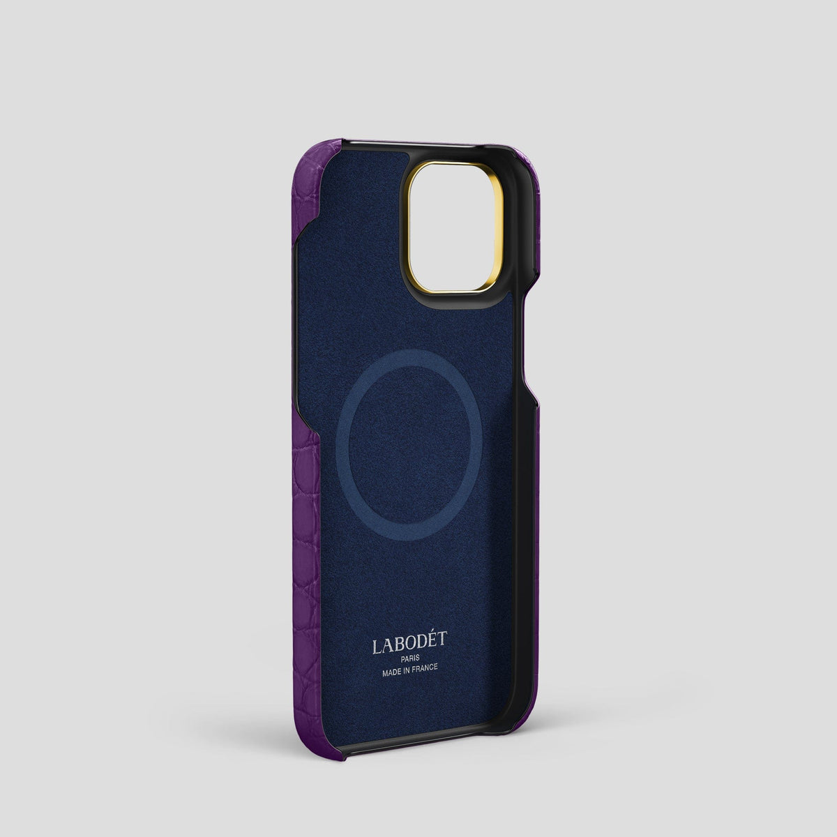 Purple iPhone 14 Pro Cardholder Strap Case Alligator with Gold Metal -4 | Purple-Gold