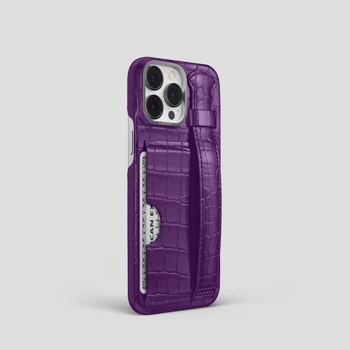 Purple iPhone 14 Pro Cardholder Strap Case Alligator with Steel Metal -2 | Purple-Steel