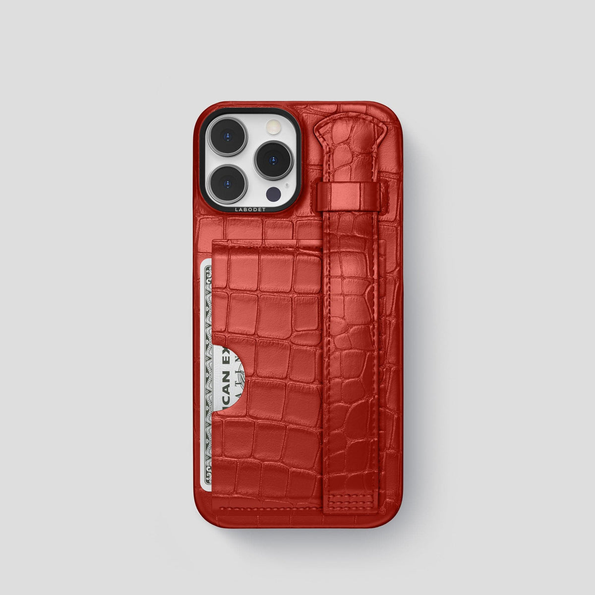 Red iPhone 14 Pro Cardholder Strap Case Alligator with Black Metal -1 | Red-Black
