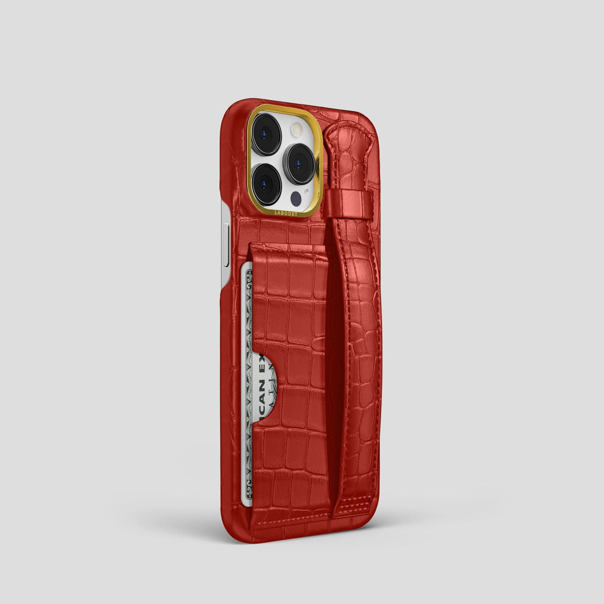Red iPhone 14 Pro Cardholder Strap Case Alligator with Gold Metal -2 | Red-Gold