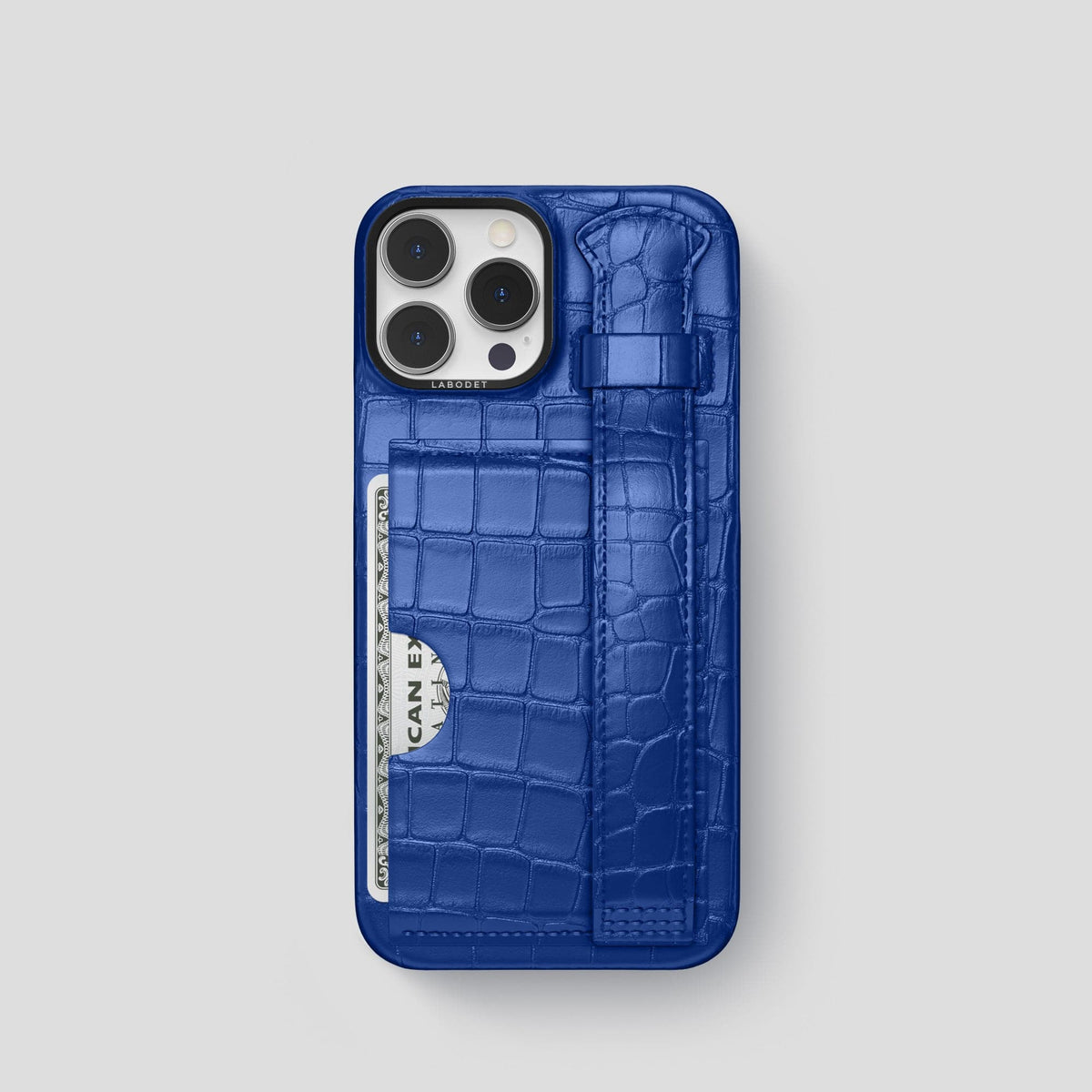 Royal Blue iPhone 14 Pro Cardholder Strap Case Alligator with Black Metal -1 | Royal-Blue-Black