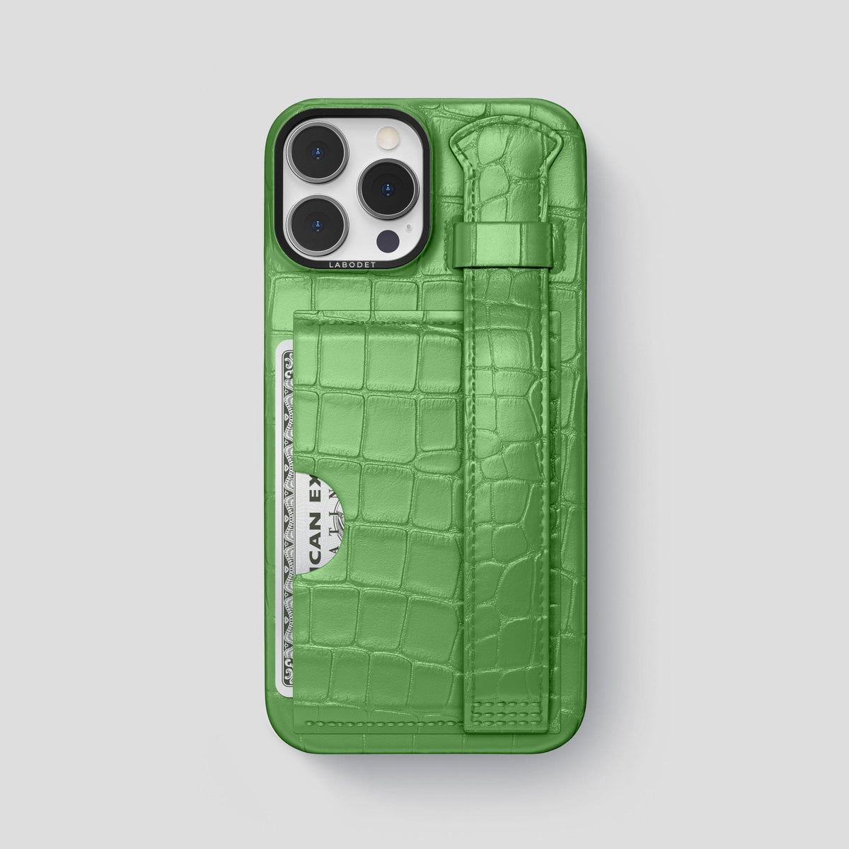 Apple-Green iPhone 14 Pro Max Cardholder Strap Case Alligator with Black Metal -1 | Apple-Green-Black