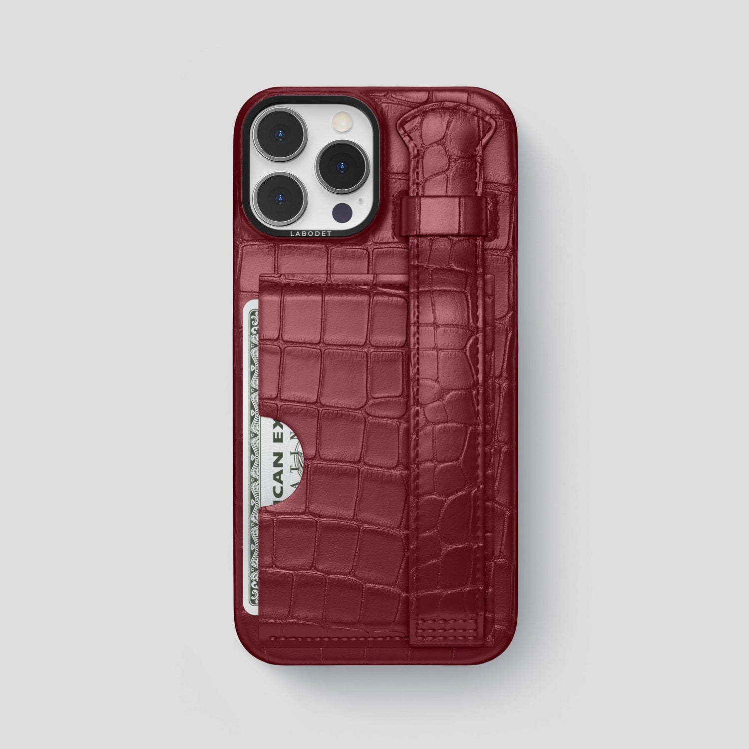 Burgundy iPhone 14 Pro Max Cardholder Strap Case Alligator with Black Metal -1 | Burgundy-Black