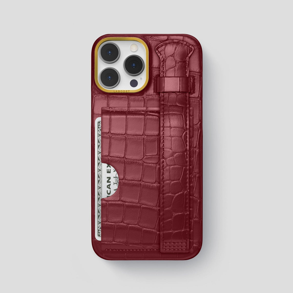 Burgundy iPhone 14 Pro Max Cardholder Strap Case Alligator with Gold Metal -1 | Burgundy-Gold