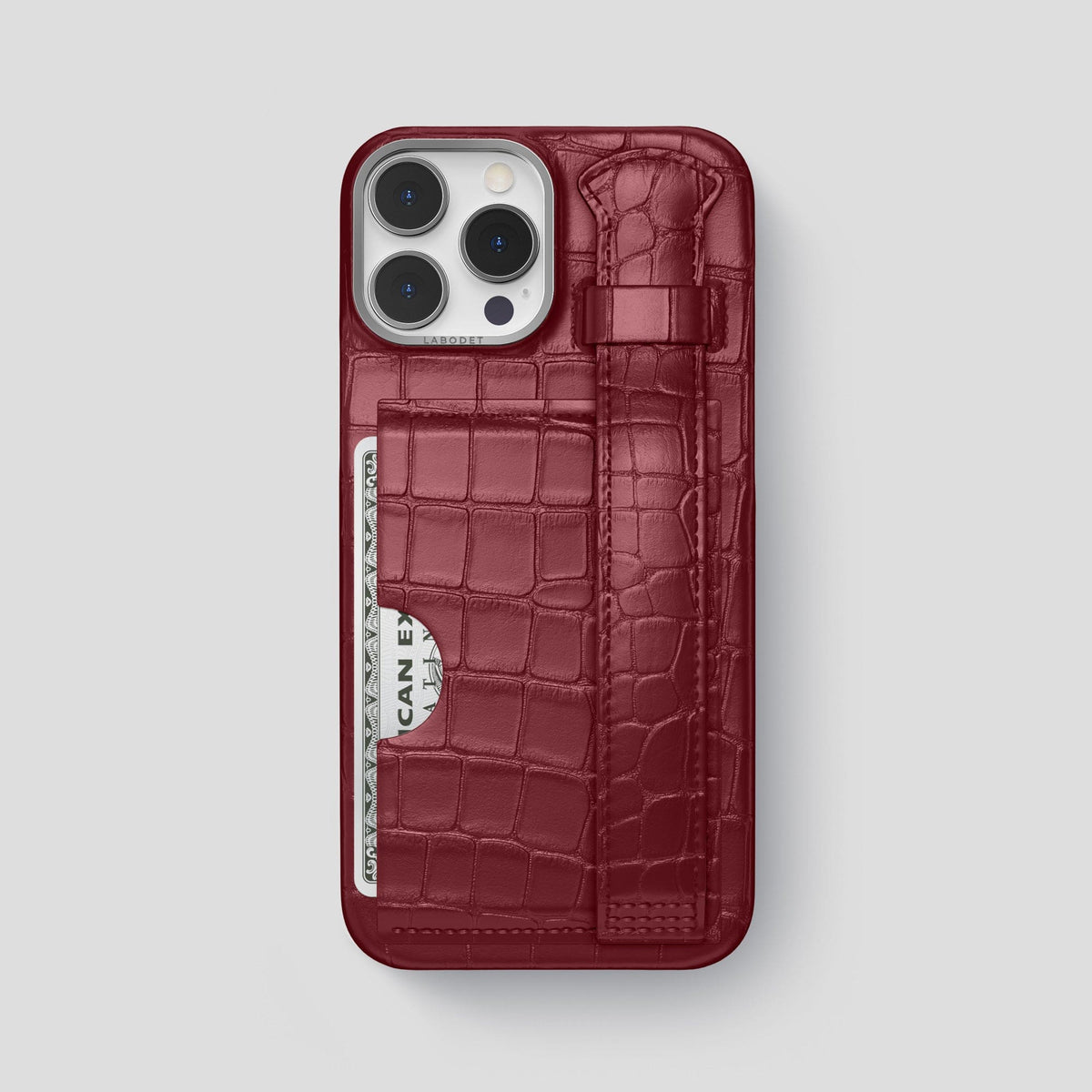 Burgundy iPhone 14 Pro Max Cardholder Strap Case Alligator with Steel Metal -1 | Burgundy-Steel