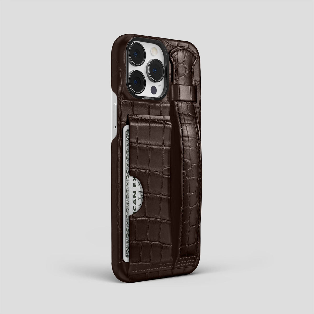 Dark Brown iPhone 14 Pro Max Cardholder Strap Case Alligator with Black Metal -2 | Dark-Brown-Black