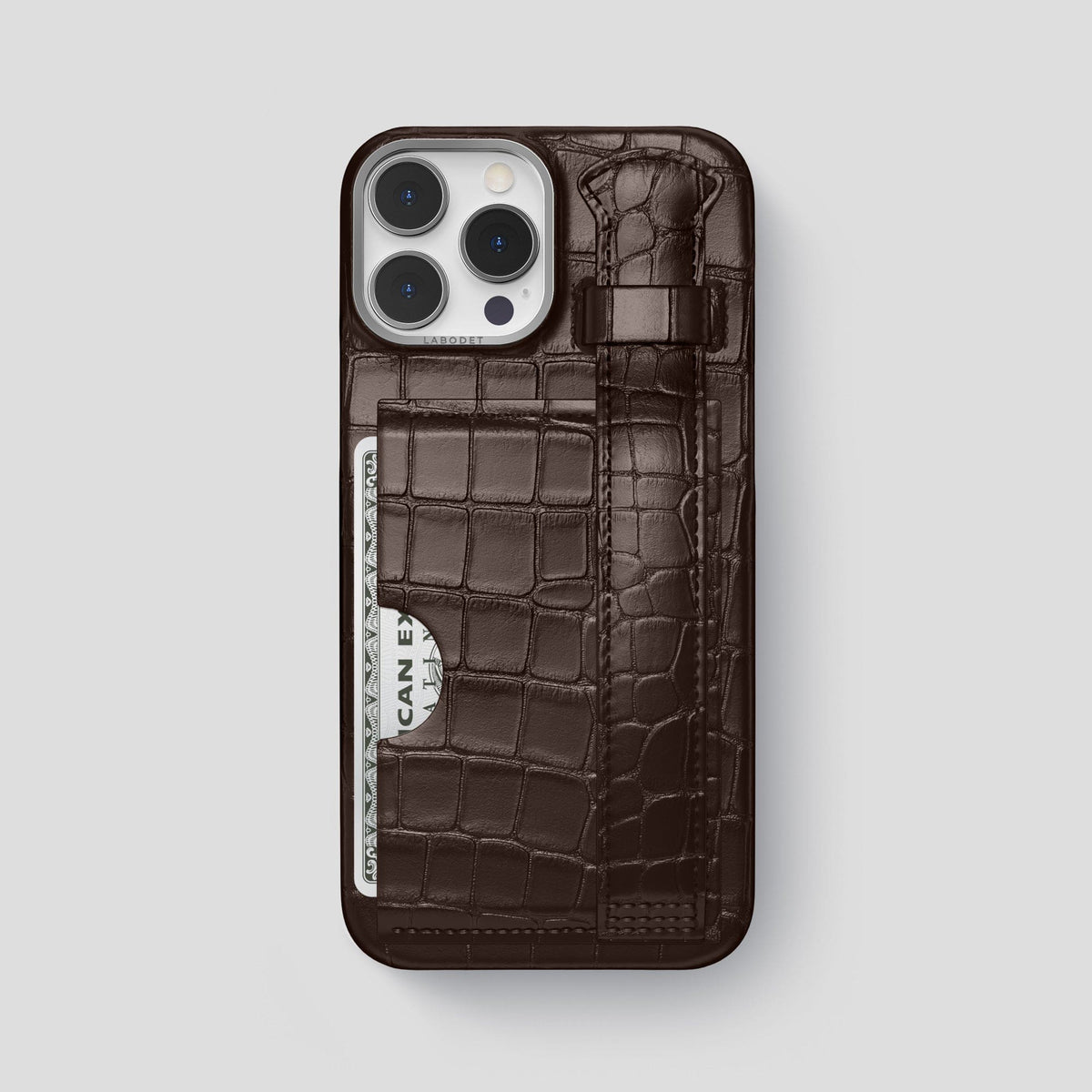 Dark Brown iPhone 14 Pro Max Cardholder Strap Case Alligator with Steel Metal -1 | Dark-Brown-Steel
