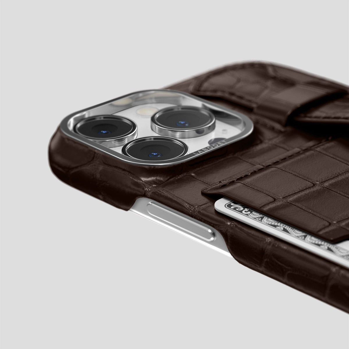 Dark Brown iPhone 14 Pro Max Cardholder Strap Case Alligator with Steel Metal -5 | Dark-Brown-Steel
