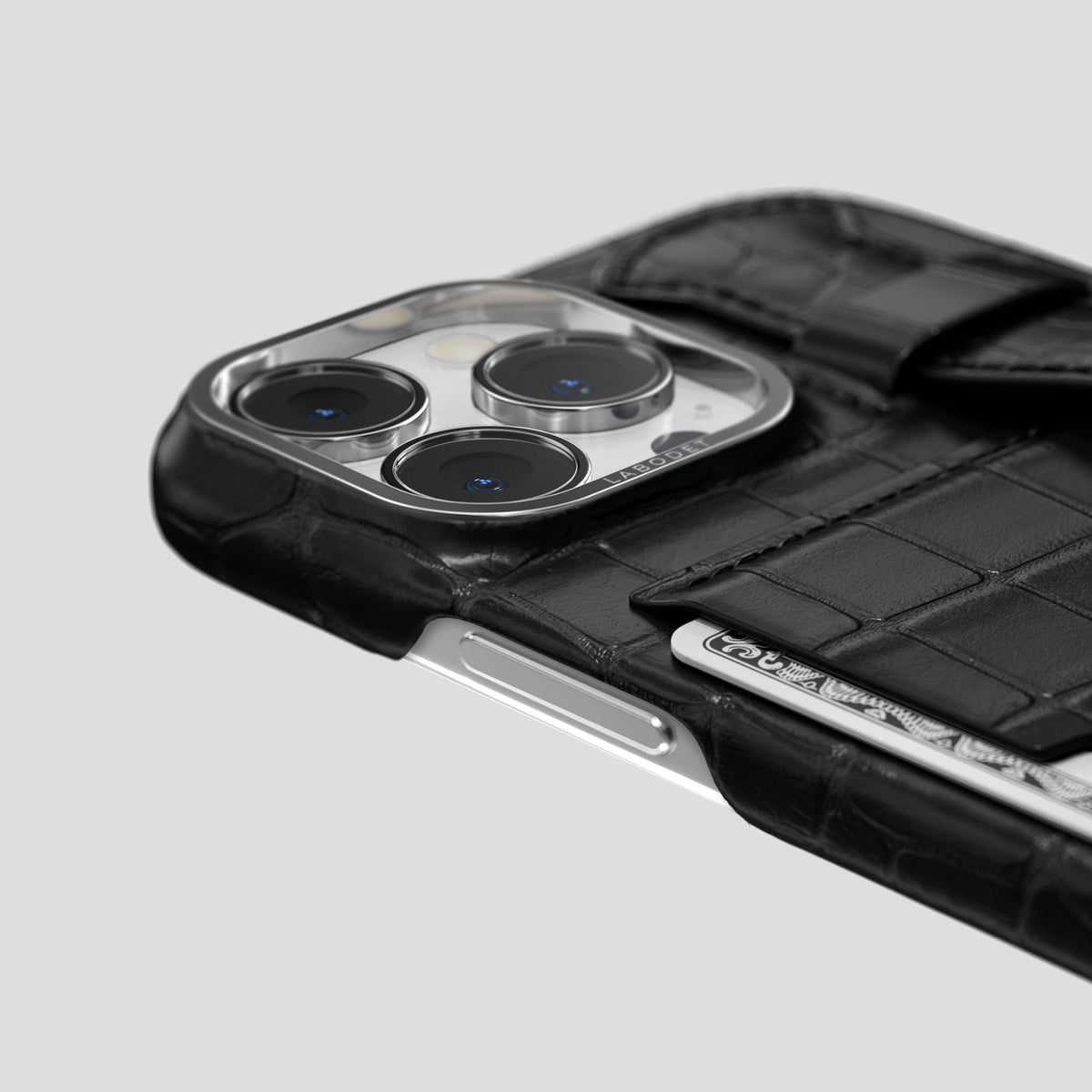 Black iPhone 14 Pro Max Cardholder Strap Case Alligator with Steel Metal -5 | Black-Steel