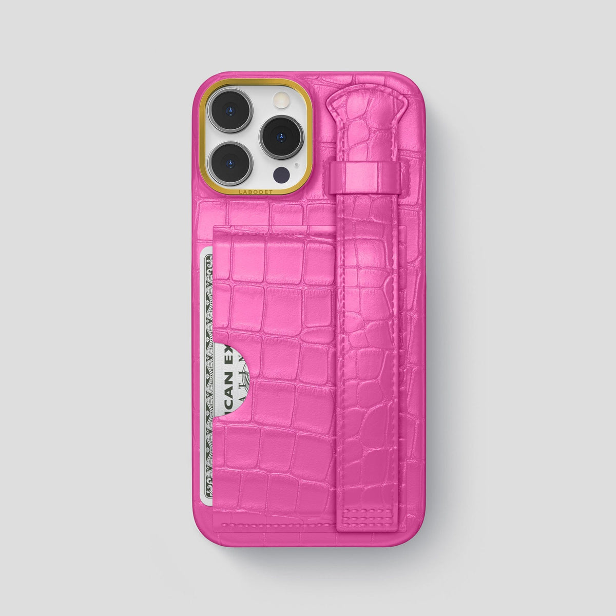 Fuchsia iPhone 14 Pro Max Cardholder Strap Case Alligator with Gold Metal -1 | Fuchsia-Gold