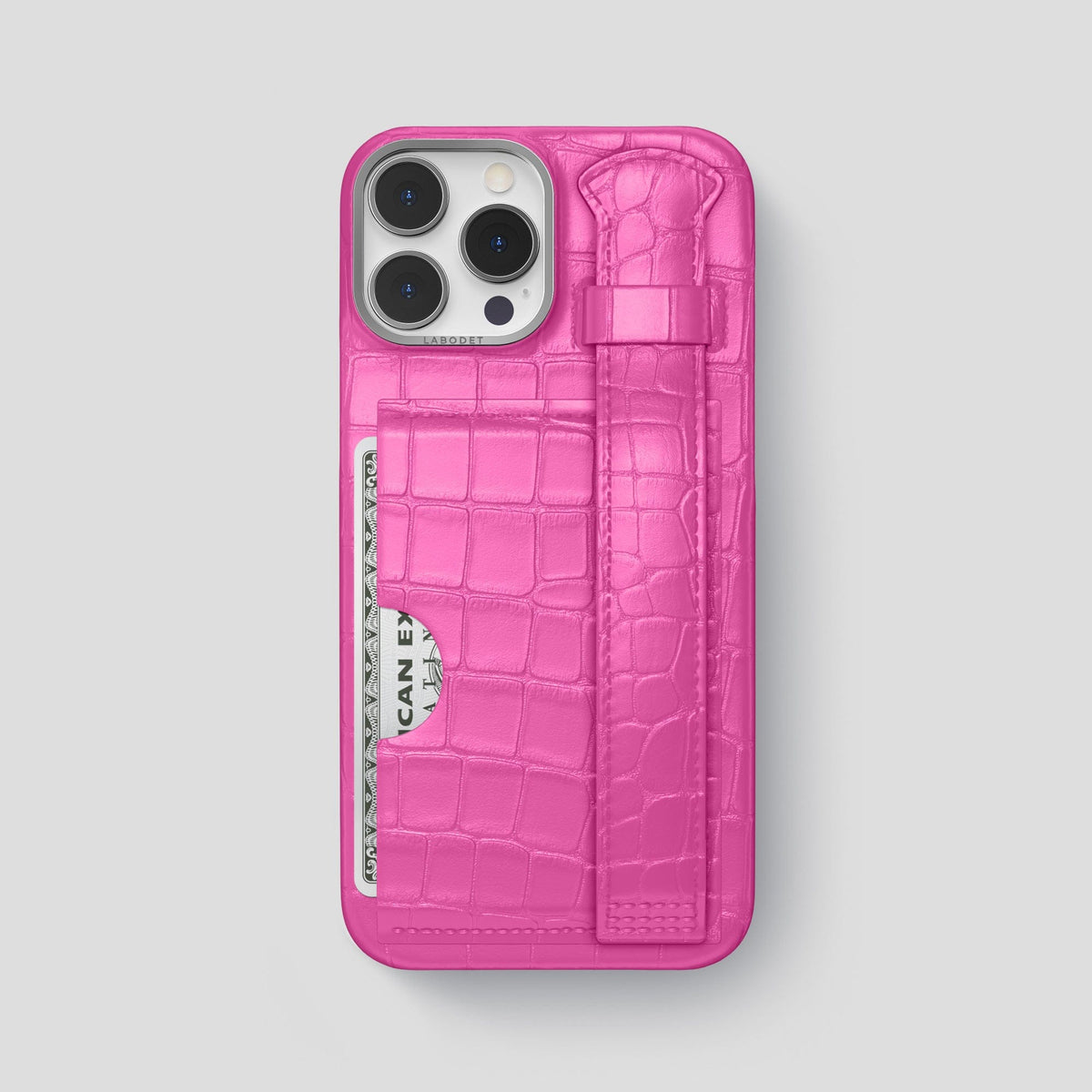 Fuchsia iPhone 14 Pro Max Cardholder Strap Case Alligator with Steel Metal -1 | Fuchsia-Steel