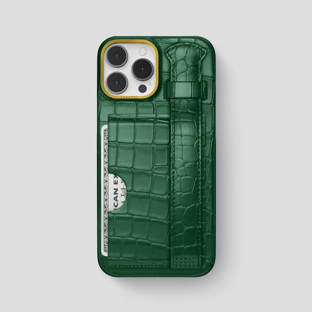 Forest-Green iPhone 14 Pro Max Cardholder Strap Case Alligator with Gold Metal -1 | Forest-Green-Gold