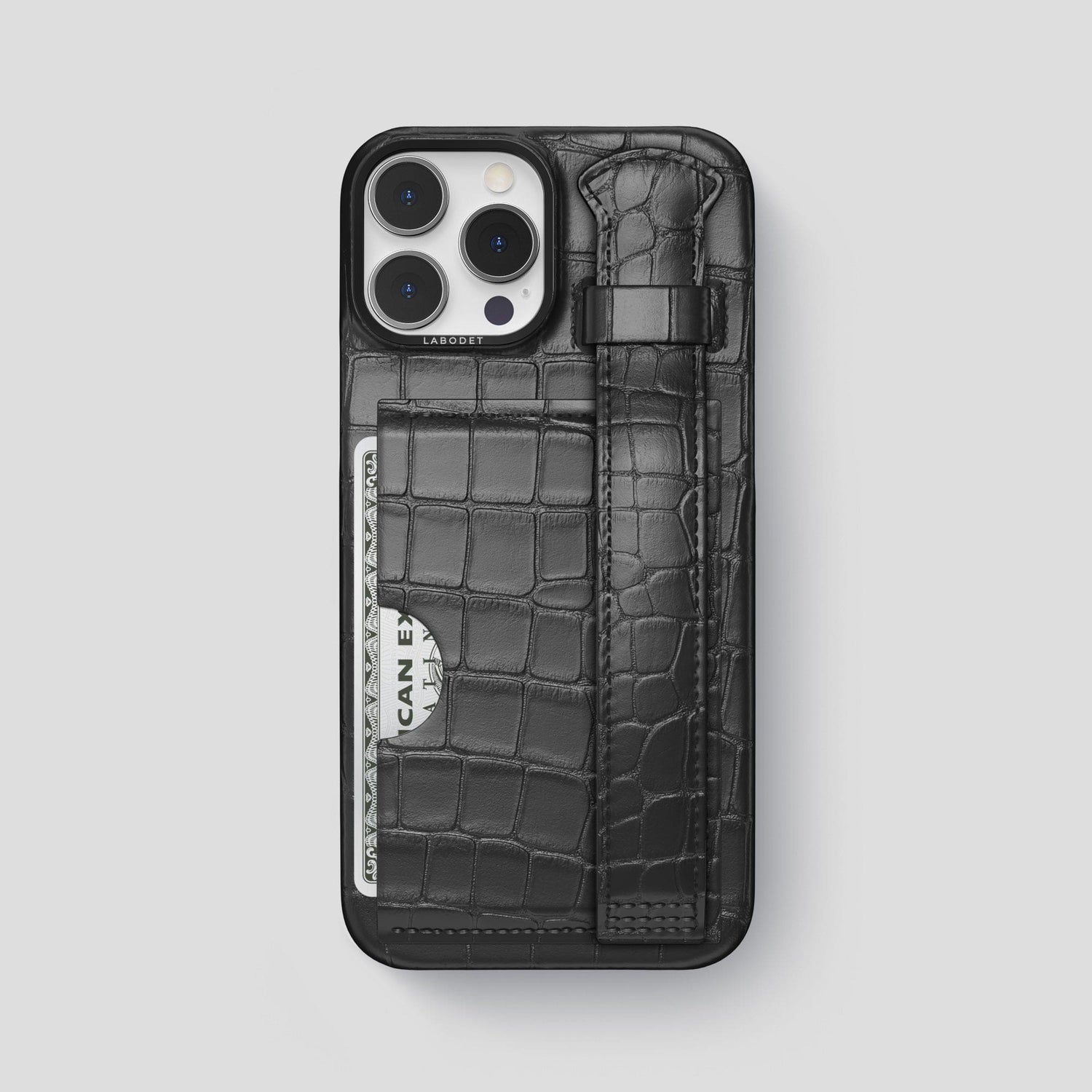 Grey iPhone 14 Pro Max Cardholder Strap Case Alligator with Black Metal -1 | Grey-Black
