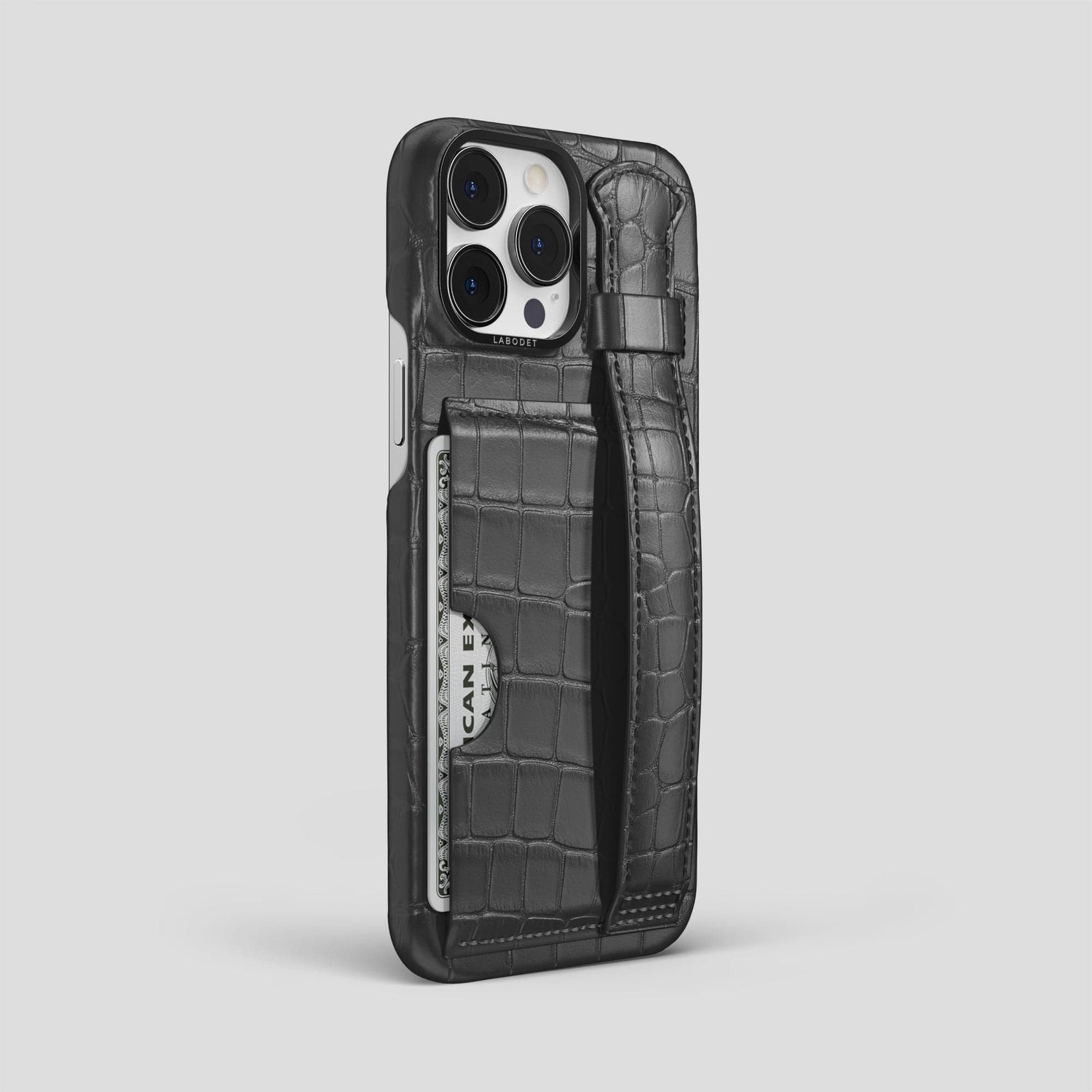 Grey iPhone 14 Pro Max Cardholder Strap Case Alligator with Black Metal -2 | Grey-Black