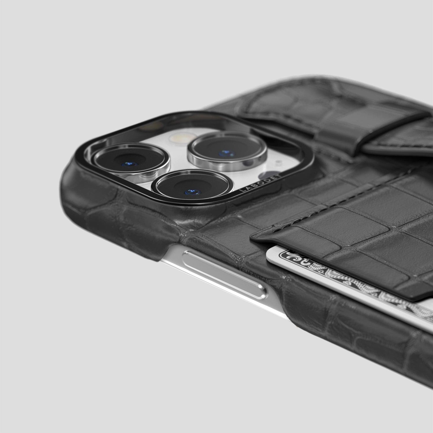 Grey iPhone 14 Pro Max Cardholder Strap Case Alligator with Black Metal -5 | Grey-Black