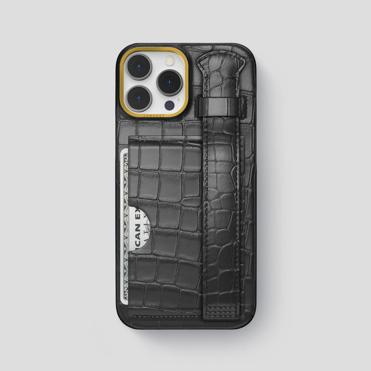 Grey iPhone 14 Pro Max Cardholder Strap Case Alligator with Gold Metal -1 | Grey-Gold