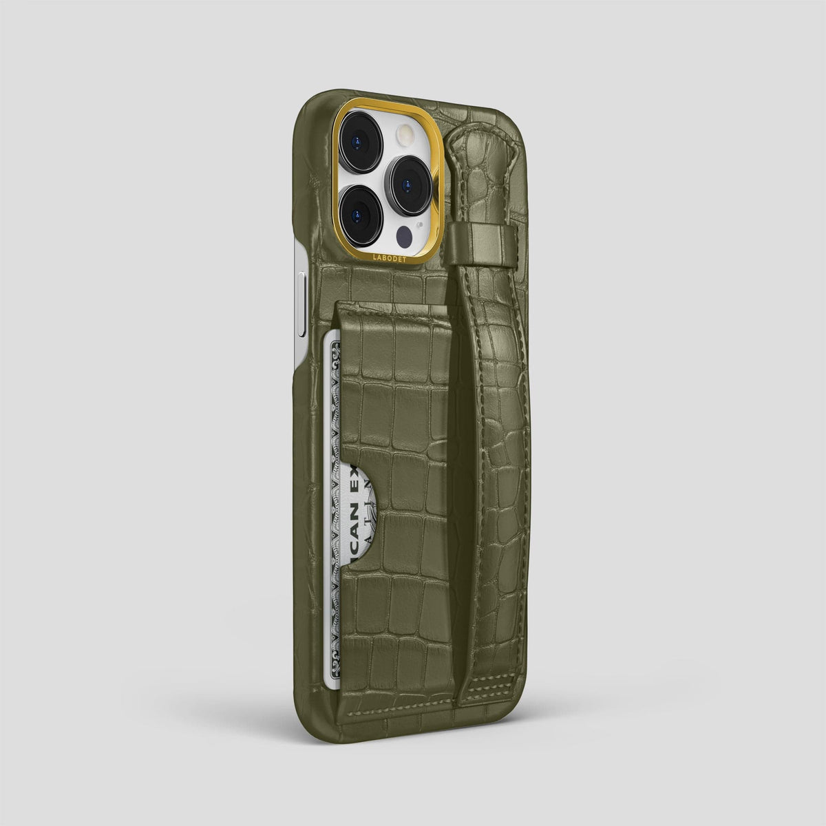 Kaki-Green iPhone 14 Pro Max Cardholder Strap Case Alligator with Gold Metal -2 | Kaki-Green-Gold