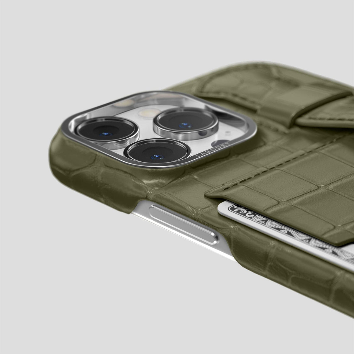 Kaki-Green iPhone 14 Pro Max Cardholder Strap Case Alligator with Steel Metal -5 | Kaki-Green-Steel