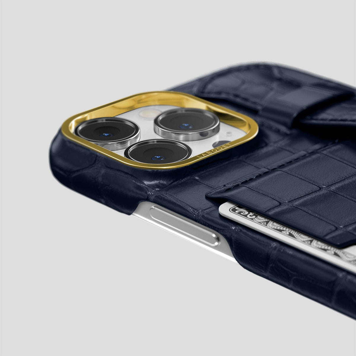 Navy Blue iPhone 14 Pro Max Cardholder Strap Case Alligator with Gold Metal -5 | Navy-Blue-Gold