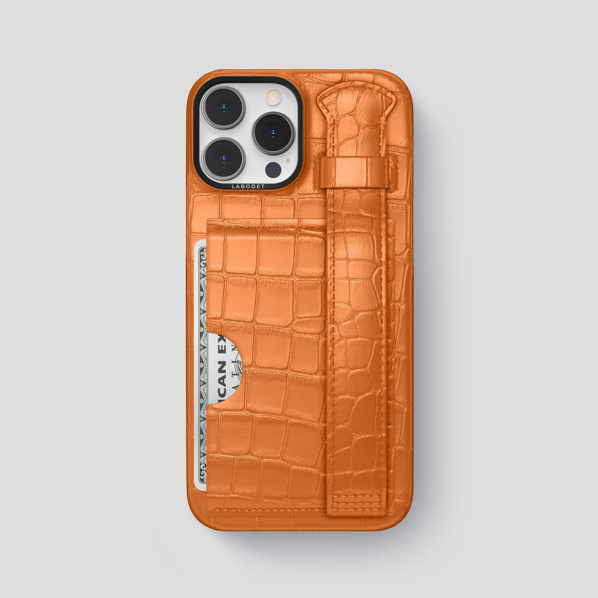 Orange iPhone 14 Pro Max Cardholder Strap Case Alligator with Black Metal -1 | Orange-Black