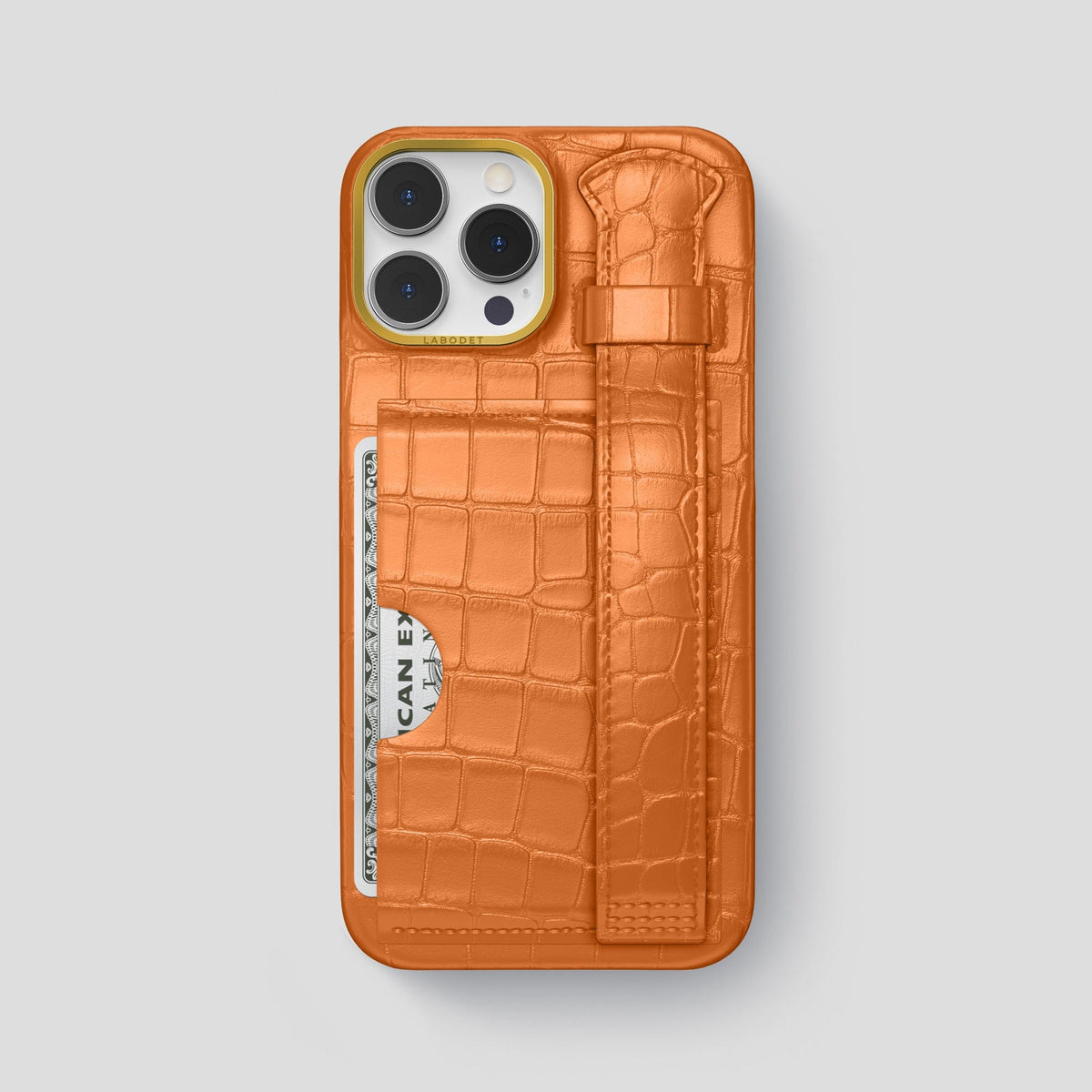 Orange iPhone 14 Pro Max Cardholder Strap Case Alligator with Gold Metal -1 | Orange-Gold