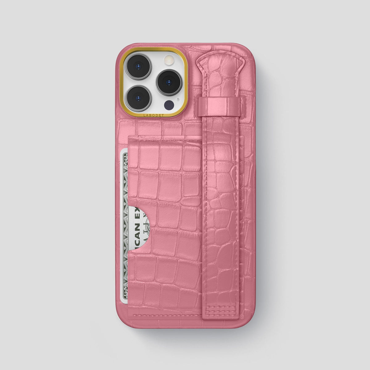 Pink iPhone 14 Pro Max Cardholder Strap Case Alligator with Gold Metal -1 | Pink-Gold