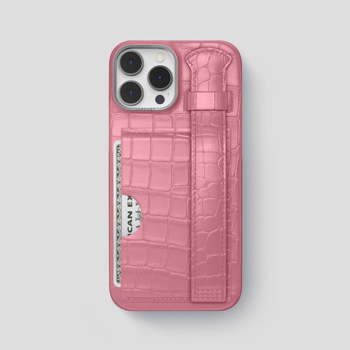 Pink iPhone 14 Pro Max Cardholder Strap Case Alligator with Steel Metal -1 | Pink-Steel