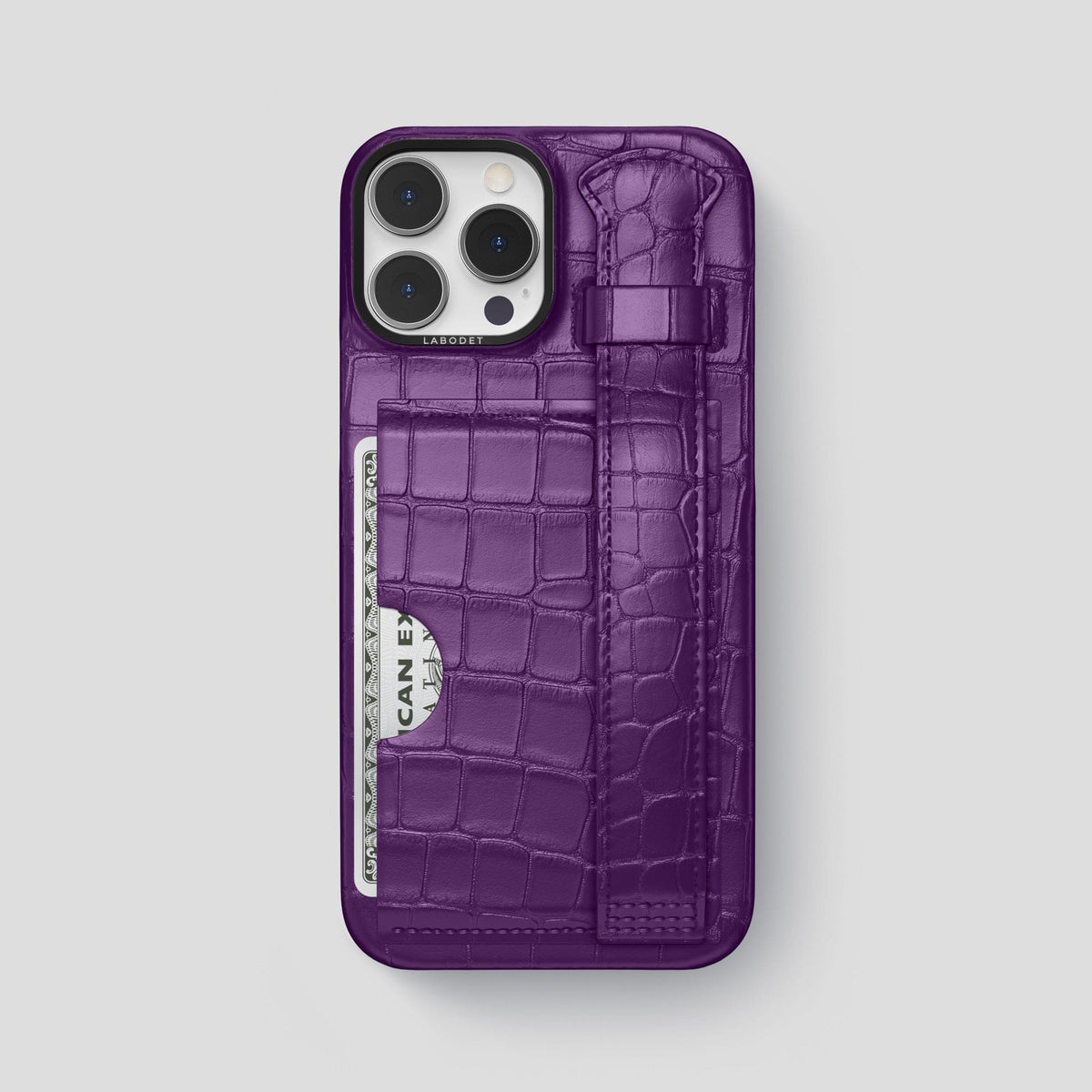Purple iPhone 14 Pro Max Cardholder Strap Case Alligator with Black Metal -1 | Purple-Black