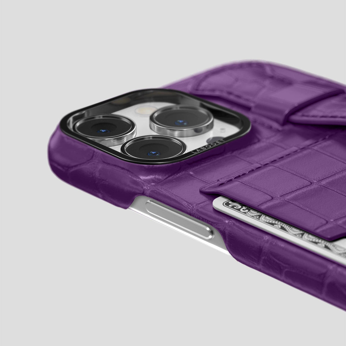 Purple iPhone 14 Pro Max Cardholder Strap Case Alligator with Black Metal -5 | Purple-Black